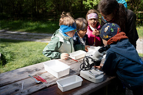 Schulkinder mit Eimern am Kopf Schulkinder mit Eimern am Kopf