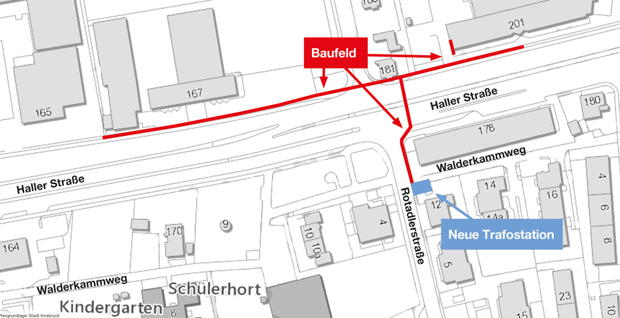 Baustelleneinzeichnung auf der Hallerstraße bis zum Walderkammweg